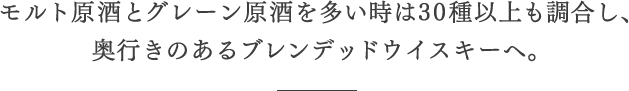 モルト原酒とグレーン原酒を多い時は30種以上も調合し、奥行きのあるブレンデッドウイスキーへ。